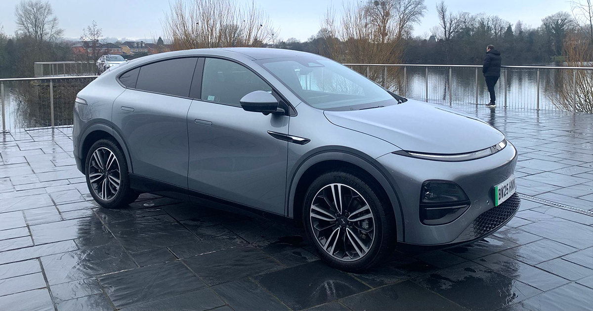 Front angle of a grey XPENG G6 at the UK launch
